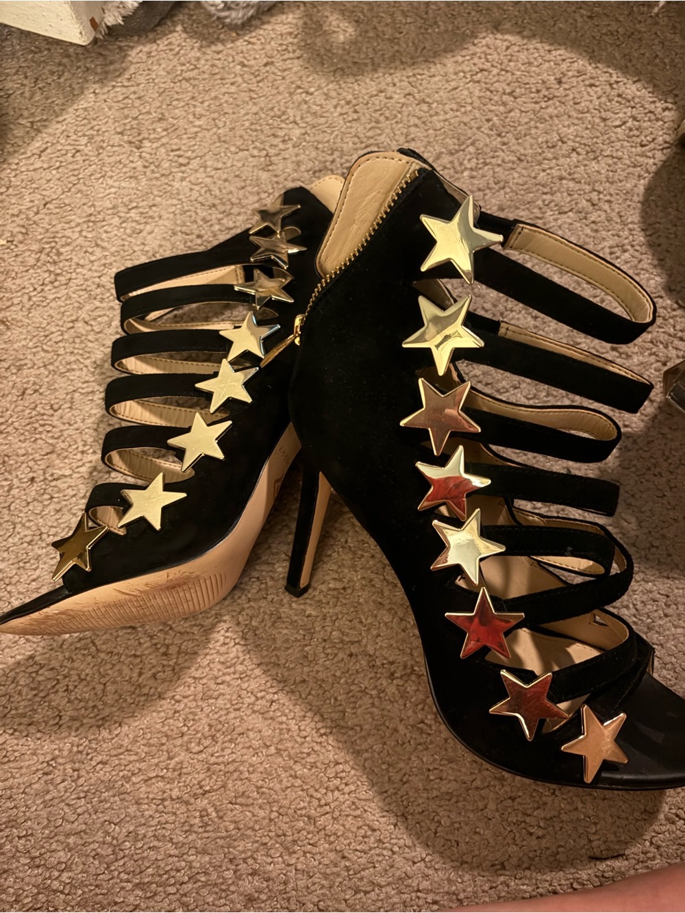Katy Perry Collections Black Strappy Heels with Gold Star Accents